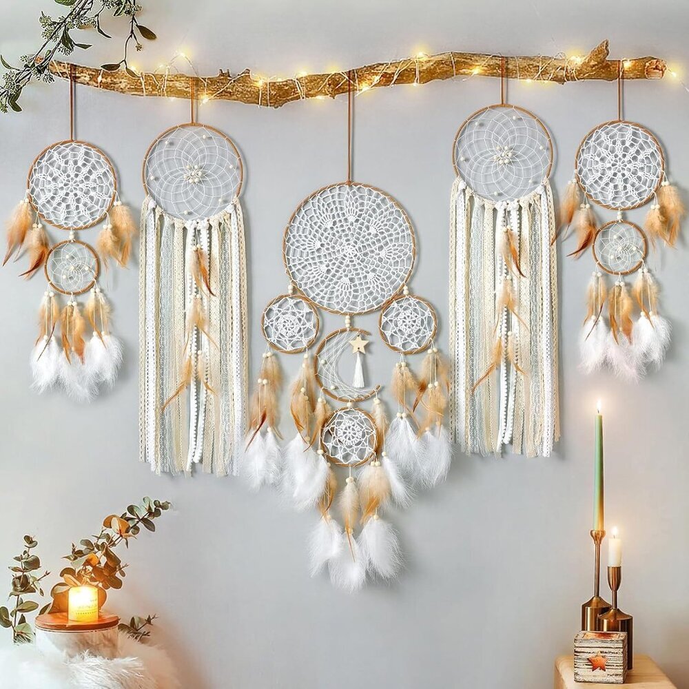 5 Pack Dream Catcher Moon and Sun Design Boho Wall Hanging Decor Handmade Tradit